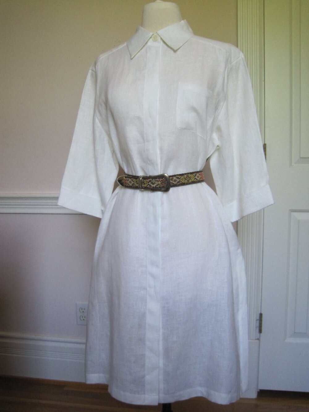 White Linen Button Down Collared Shirt Dress